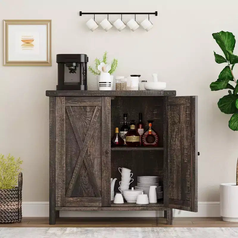 Madia da Fattoria con Ripiani, Mobile da Cucina con Ripiani Regolabili e 2 Ante a Scomparsa, Credenza Moderna in Legno per Sala da Pranzo