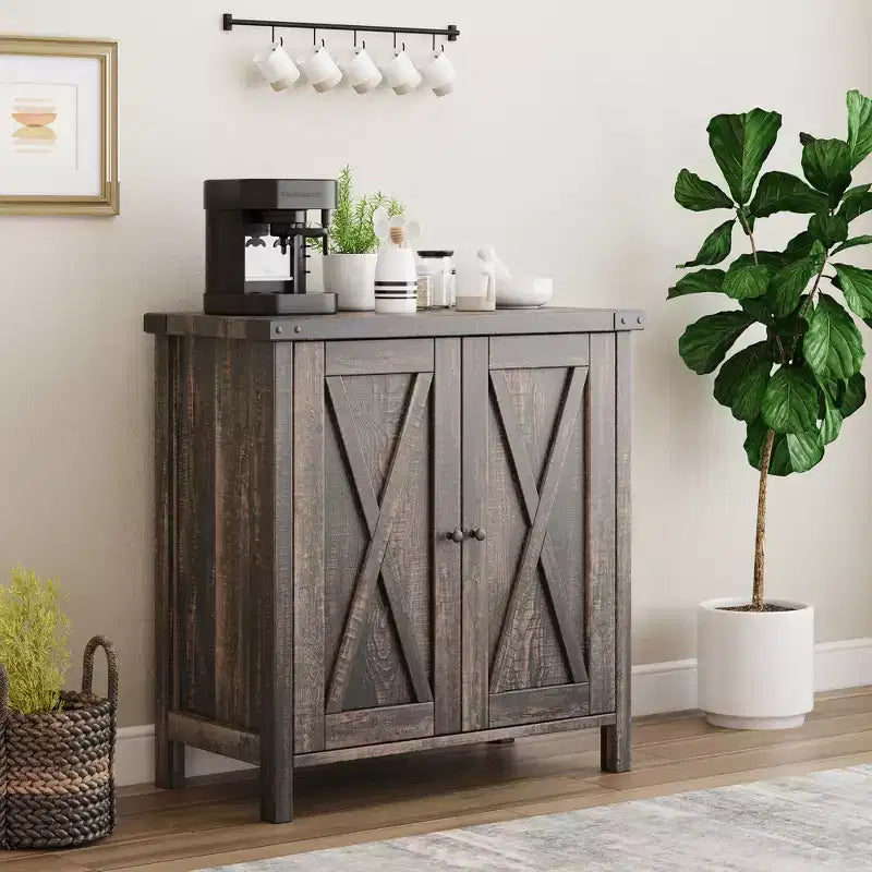 Madia da Fattoria con Ripiani, Mobile da Cucina con Ripiani Regolabili e 2 Ante a Scomparsa, Credenza Moderna in Legno per Sala da Pranzo