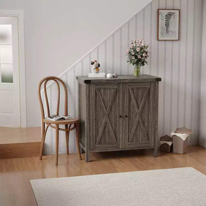 Madia da Fattoria con Ripiani, Mobile da Cucina con Ripiani Regolabili e 2 Ante a Scomparsa, Credenza Moderna in Legno per Sala da Pranzo