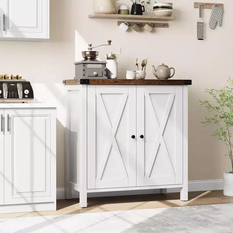 Madia da Fattoria con Ripiani, Mobile da Cucina con Ripiani Regolabili e 2 Ante a Scomparsa, Credenza Moderna in Legno per Sala da Pranzo