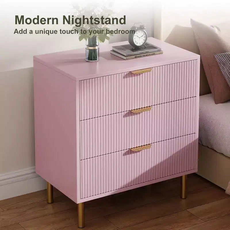Cassettiera COZONY rosa a 3 cassetti per camera da letto, cassettiera moderna in legno con maniglie dorate, mobiletto organizer per soggiorno, corridoio