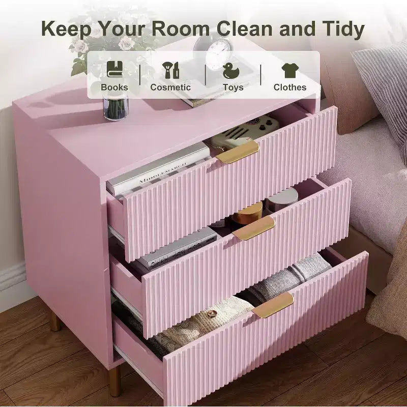 Cassettiera COZONY rosa a 3 cassetti per camera da letto, cassettiera moderna in legno con maniglie dorate, mobiletto organizer per soggiorno, corridoio