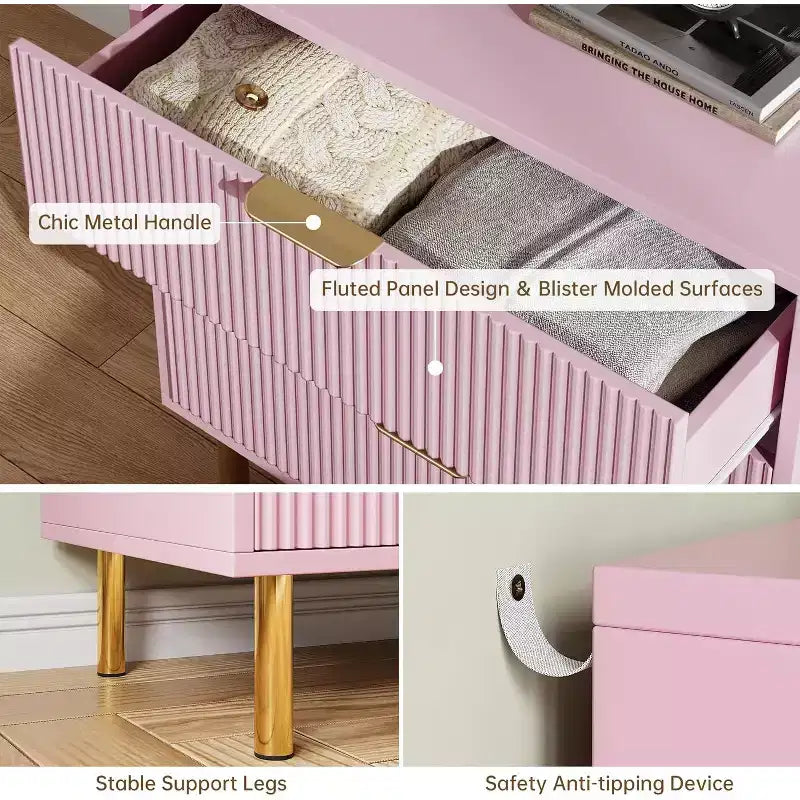 Cassettiera COZONY rosa a 3 cassetti per camera da letto, cassettiera moderna in legno con maniglie dorate, mobiletto organizer per soggiorno, corridoio