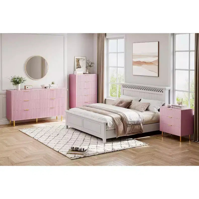 Cassettiera COZONY rosa a 3 cassetti per camera da letto, cassettiera moderna in legno con maniglie dorate, mobiletto organizer per soggiorno, corridoio