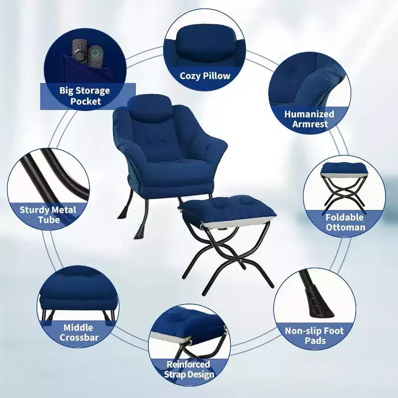 Poltrona reclinabile, sedie moderne da salotto, poltrona ergonomica da lettura con braccioli, poltrona comoda con poggiapiedi per camera da letto e ufficio