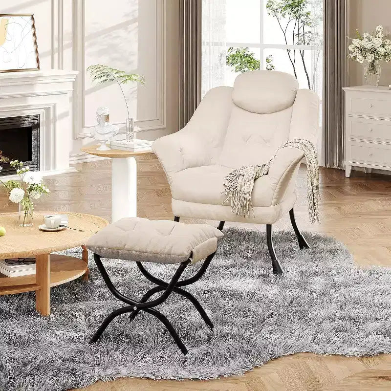 Lazy Chair Modern Living Room Chairs, Ergonomic Reading Chair with Armrests, Comfy Chair with Ottoman for Bedroom Office