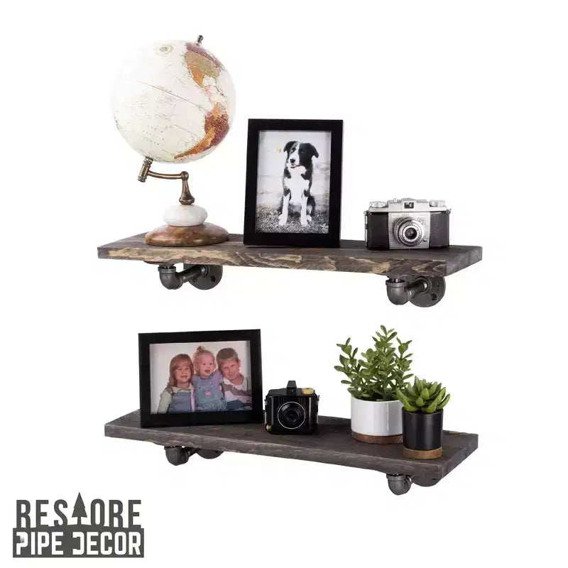 RESTORE Mensole Nere Boulder da 24 pollici con Staffe a L di Pipe Decor