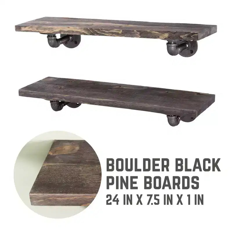 RESTORE Mensole Nere Boulder da 24 pollici con Staffe a L di Pipe Decor