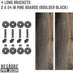 RESTORE Mensole Nere Boulder da 24 pollici con Staffe a L di Pipe Decor