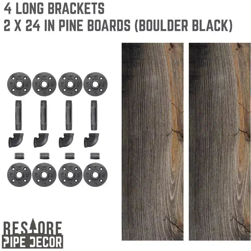 RESTORE Mensole Nere Boulder da 24 pollici con Staffe a L di Pipe Decor