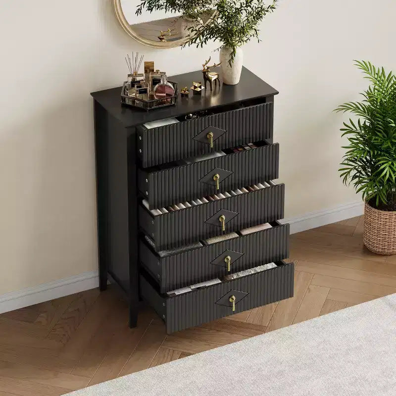 Comò bianco a coste per camera da letto, cassettiera alta 43" a torre con 5 cassetti, cassettiera moderna, unità organizer per armadio, ingresso