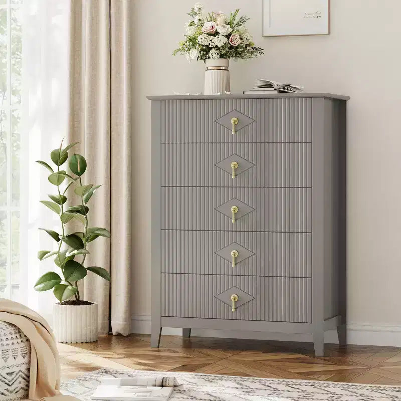 Comò bianco a coste per camera da letto, cassettiera alta 43" a torre con 5 cassetti, cassettiera moderna, unità organizer per armadio, ingresso
