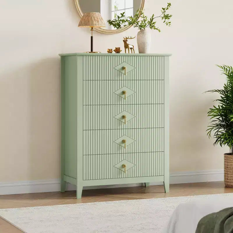 Comò bianco a coste per camera da letto, cassettiera alta 43" a torre con 5 cassetti, cassettiera moderna, unità organizer per armadio, ingresso