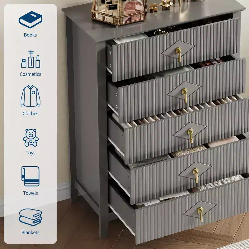Comò bianco a coste per camera da letto, cassettiera alta 43" a torre con 5 cassetti, cassettiera moderna, unità organizer per armadio, ingresso