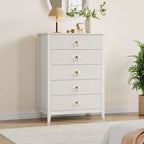Comò bianco a coste per camera da letto, cassettiera alta 43" a torre con 5 cassetti, cassettiera moderna, unità organizer per armadio, ingresso