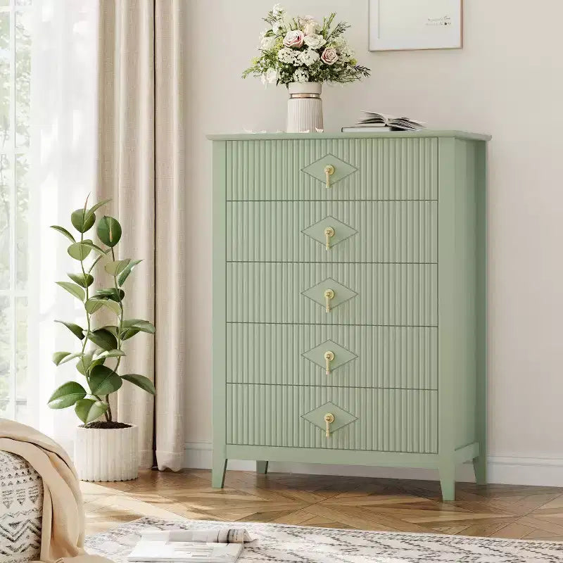 Comò bianco a coste per camera da letto, cassettiera alta 43" a torre con 5 cassetti, cassettiera moderna, unità organizer per armadio, ingresso