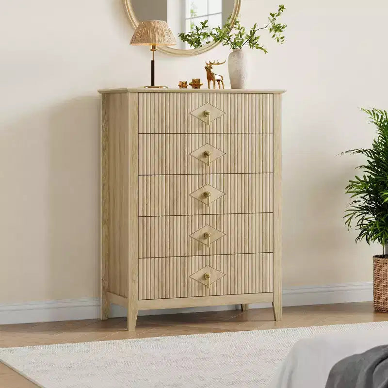 Comò bianco a coste per camera da letto, cassettiera alta 43" a torre con 5 cassetti, cassettiera moderna, unità organizer per armadio, ingresso