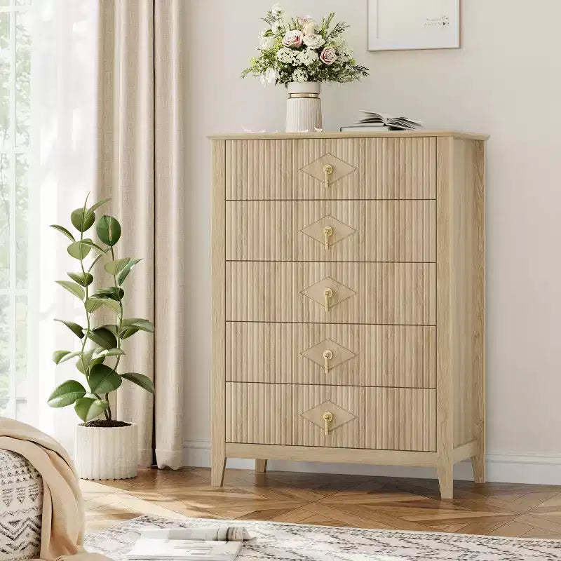 Comò bianco a coste per camera da letto, cassettiera alta 43" a torre con 5 cassetti, cassettiera moderna, unità organizer per armadio, ingresso
