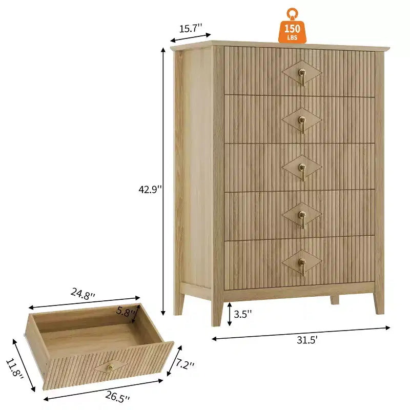 Comò bianco a coste per camera da letto, cassettiera alta 43" a torre con 5 cassetti, cassettiera moderna, unità organizer per armadio, ingresso