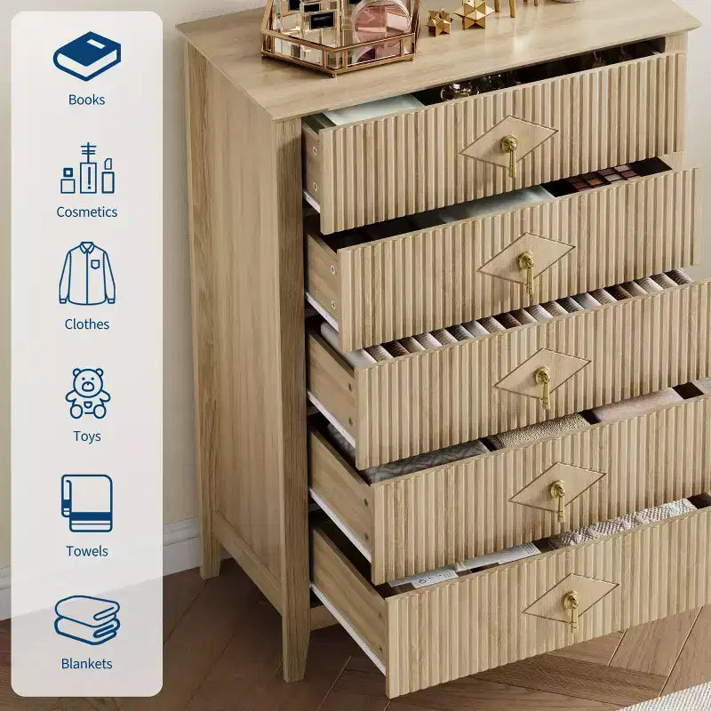 Comò bianco a coste per camera da letto, cassettiera alta 43" a torre con 5 cassetti, cassettiera moderna, unità organizer per armadio, ingresso