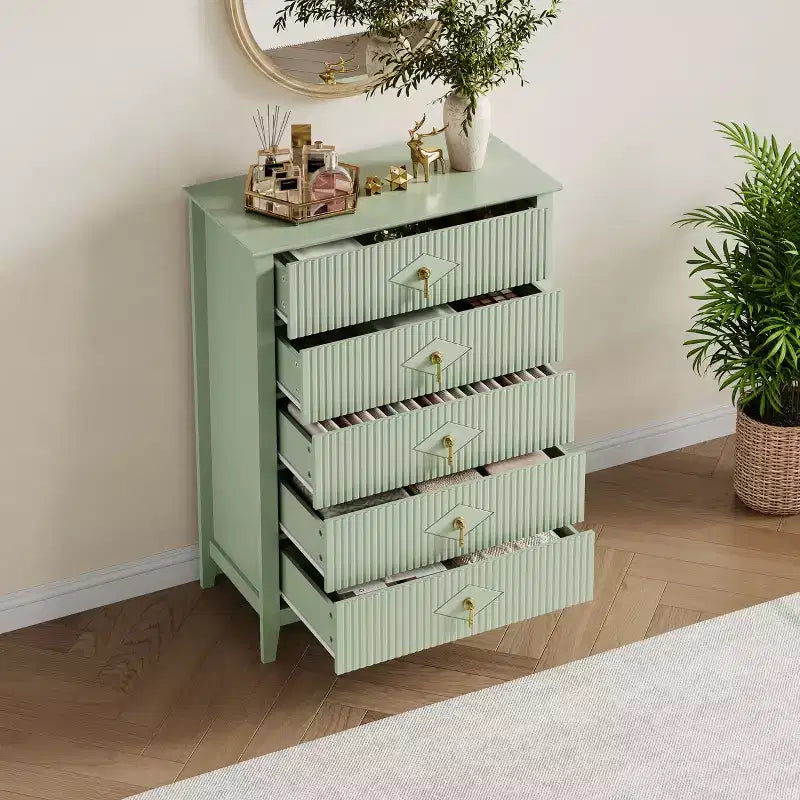 Comò bianco a coste per camera da letto, cassettiera alta 43" a torre con 5 cassetti, cassettiera moderna, unità organizer per armadio, ingresso