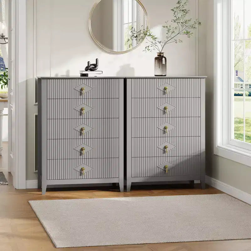 Comò bianco a coste per camera da letto, cassettiera alta 43" a torre con 5 cassetti, cassettiera moderna, unità organizer per armadio, ingresso