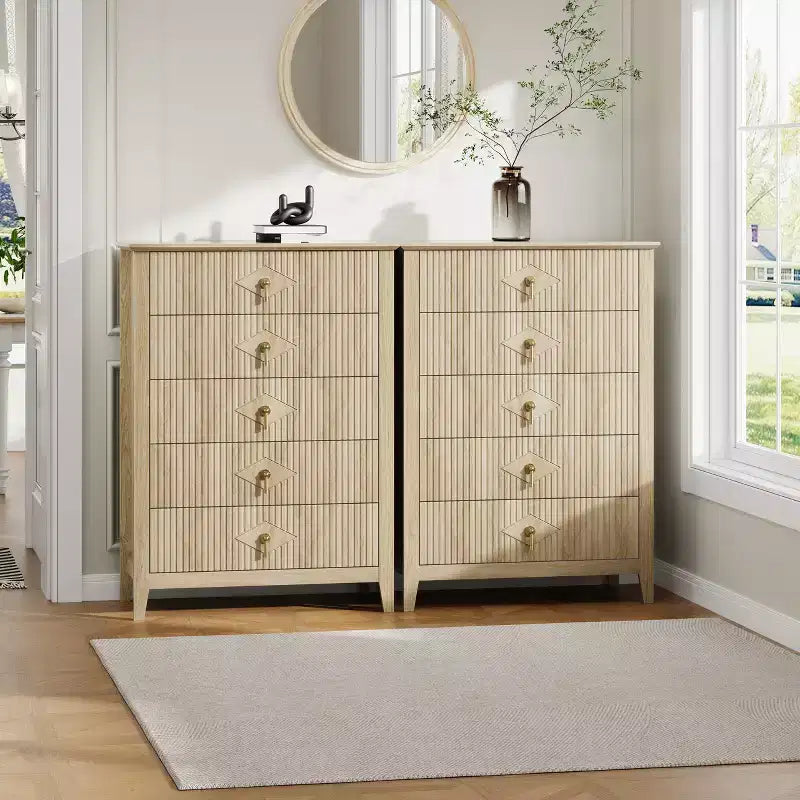 Comò bianco a coste per camera da letto, cassettiera alta 43" a torre con 5 cassetti, cassettiera moderna, unità organizer per armadio, ingresso