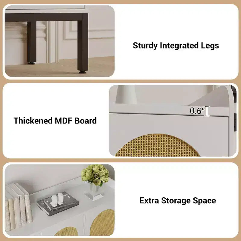 Madia in Rattan a 3 Ante con Ripostiglio, Mobile Organizzatore Porta Scarpe in Legno Indipendente con Ripiano Regolabile, Scarpiera Stretta per Ingresso