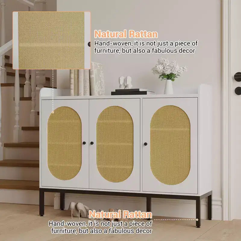 Madia in Rattan a 3 Ante con Ripostiglio, Mobile Organizzatore Porta Scarpe in Legno Indipendente con Ripiano Regolabile, Scarpiera Stretta per Ingresso