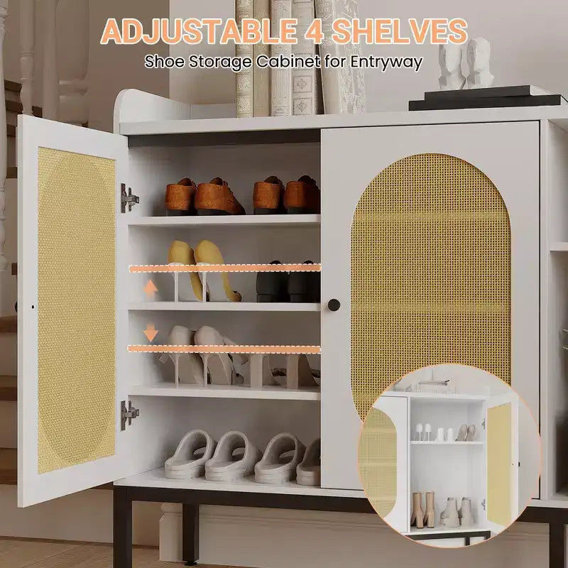 Madia in Rattan a 3 Ante con Ripostiglio, Mobile Organizzatore Porta Scarpe in Legno Indipendente con Ripiano Regolabile, Scarpiera Stretta per Ingresso