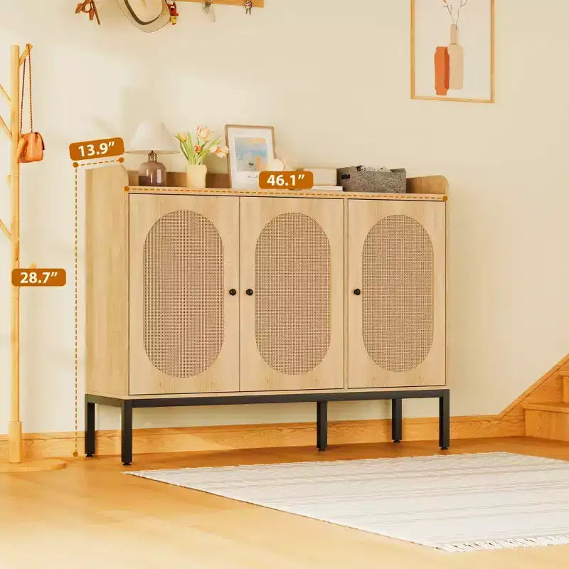 Madia in Rattan a 3 Ante con Ripostiglio, Mobile Organizzatore Porta Scarpe in Legno Indipendente con Ripiano Regolabile, Scarpiera Stretta per Ingresso
