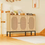 Madia in Rattan a 3 Ante con Ripostiglio, Mobile Organizzatore Porta Scarpe in Legno Indipendente con Ripiano Regolabile, Scarpiera Stretta per Ingresso