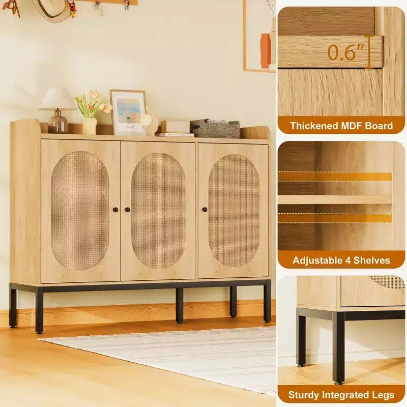 Madia in Rattan a 3 Ante con Ripostiglio, Mobile Organizzatore Porta Scarpe in Legno Indipendente con Ripiano Regolabile, Scarpiera Stretta per Ingresso