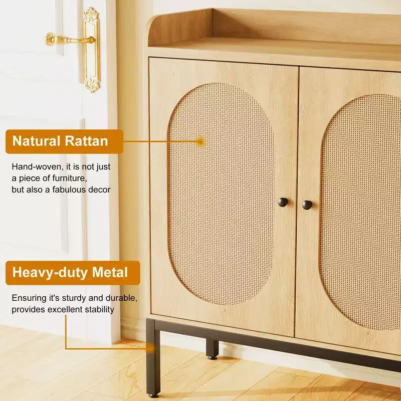 Madia in Rattan a 3 Ante con Ripostiglio, Mobile Organizzatore Porta Scarpe in Legno Indipendente con Ripiano Regolabile, Scarpiera Stretta per Ingresso