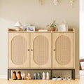 Rattan 3 Doors Buffet Cabinet with Storage Free Standing Wooden Shoe Storage Organizer Cabinet with Adjustable Shelf Narrow Shoe Rack for Entryway