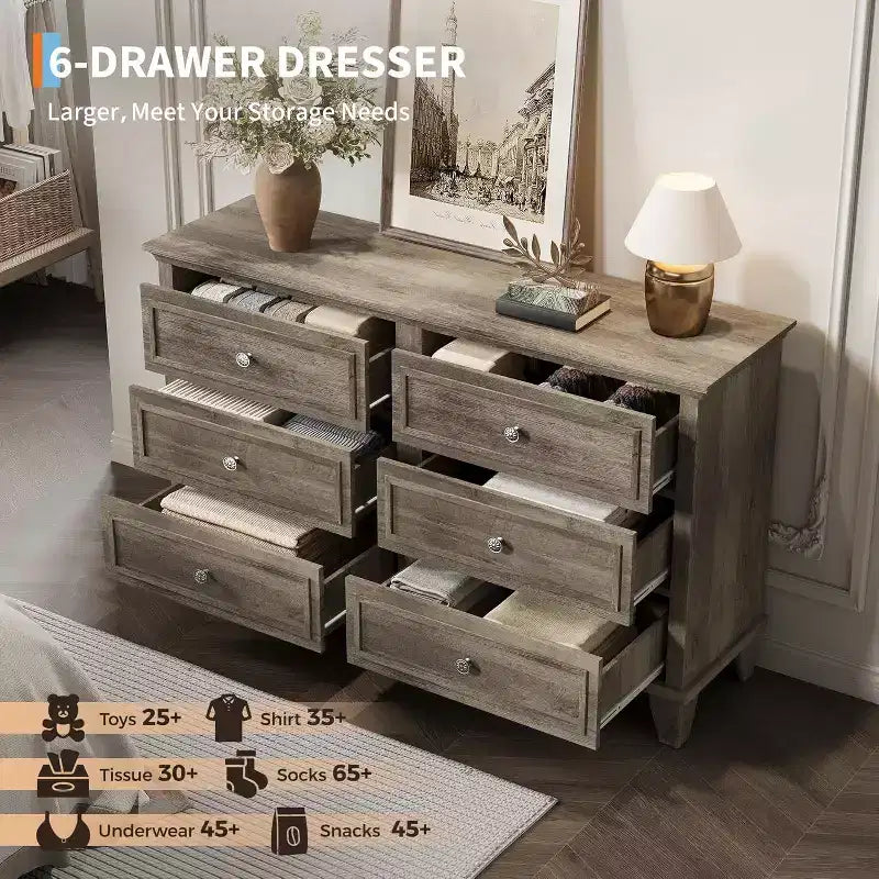 COZONY Cassettiera a 6 cassetti in stile rustico, colore bianco, mobile TV doppio con maniglie vintage, cassettiera in legno per camera da letto, soggiorno, corridoio