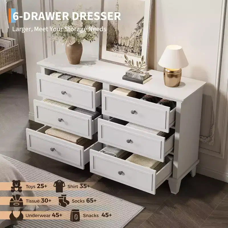 COZONY Cassettiera a 6 cassetti in stile rustico, colore bianco, mobile TV doppio con maniglie vintage, cassettiera in legno per camera da letto, soggiorno, corridoio