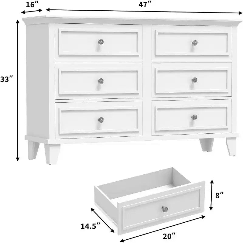 COZONY Cassettiera a 6 cassetti in stile rustico, colore bianco, mobile TV doppio con maniglie vintage, cassettiera in legno per camera da letto, soggiorno, corridoio