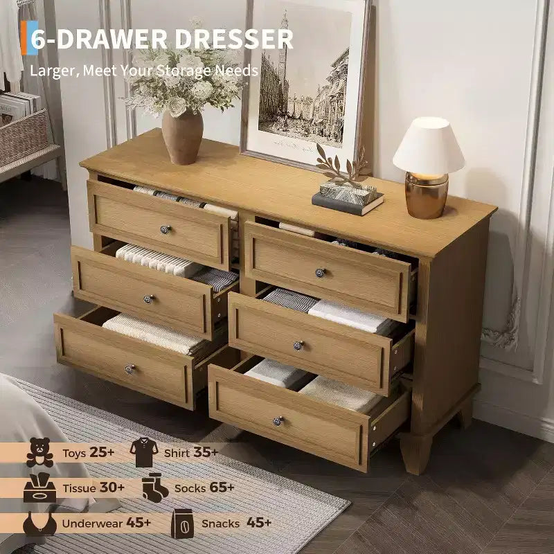 COZONY Cassettiera a 6 cassetti in stile rustico, colore bianco, mobile TV doppio con maniglie vintage, cassettiera in legno per camera da letto, soggiorno, corridoio
