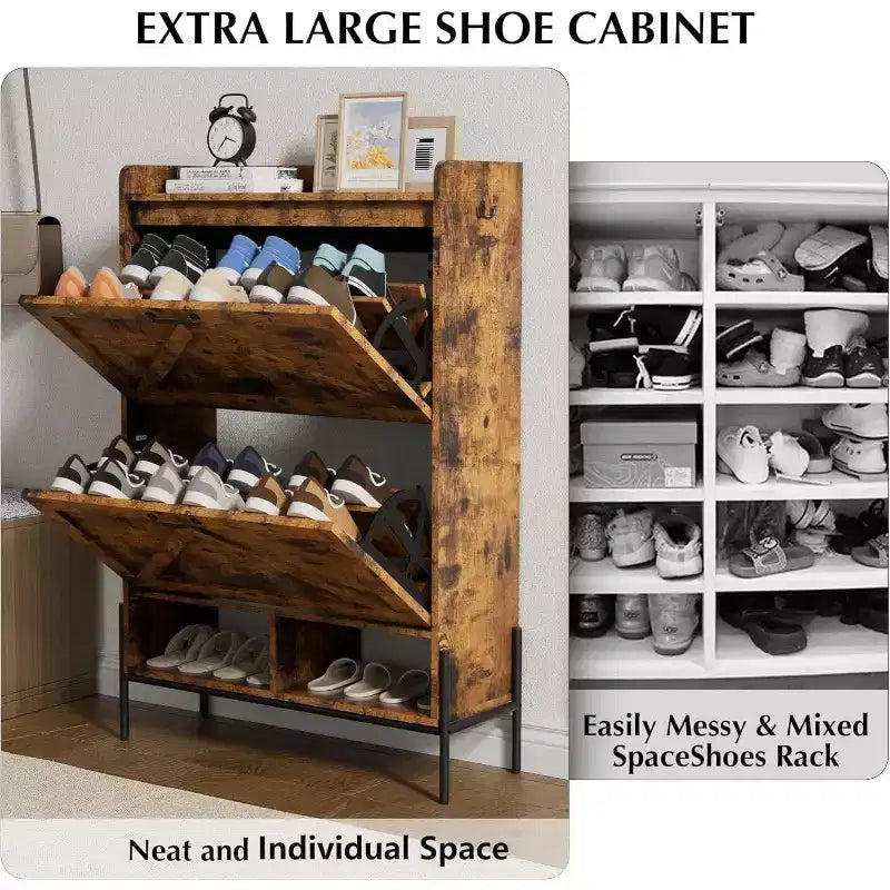 Mobile scarpiera a 2 cassetti TruAIR - Organizzatore per ingresso in rattan stile rustico per 20 paia (indipendente, montaggio senza attrezzi)
