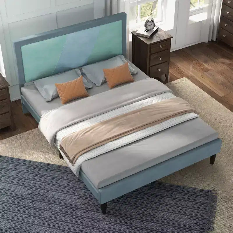 Struttura letto matrimoniale con testiera regolabile in altezza, Struttura letto a piattaforma, Struttura letto imbottita in velluto misto colore