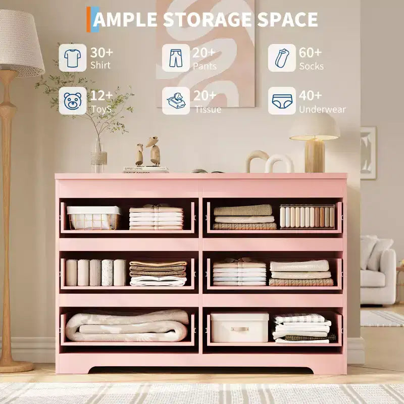 Comò moderno rosa a 6 cassetti, cassettiera semplice per riporre i vestiti in camera da letto, cassettiera doppia in legno per camera da letto, soggiorno