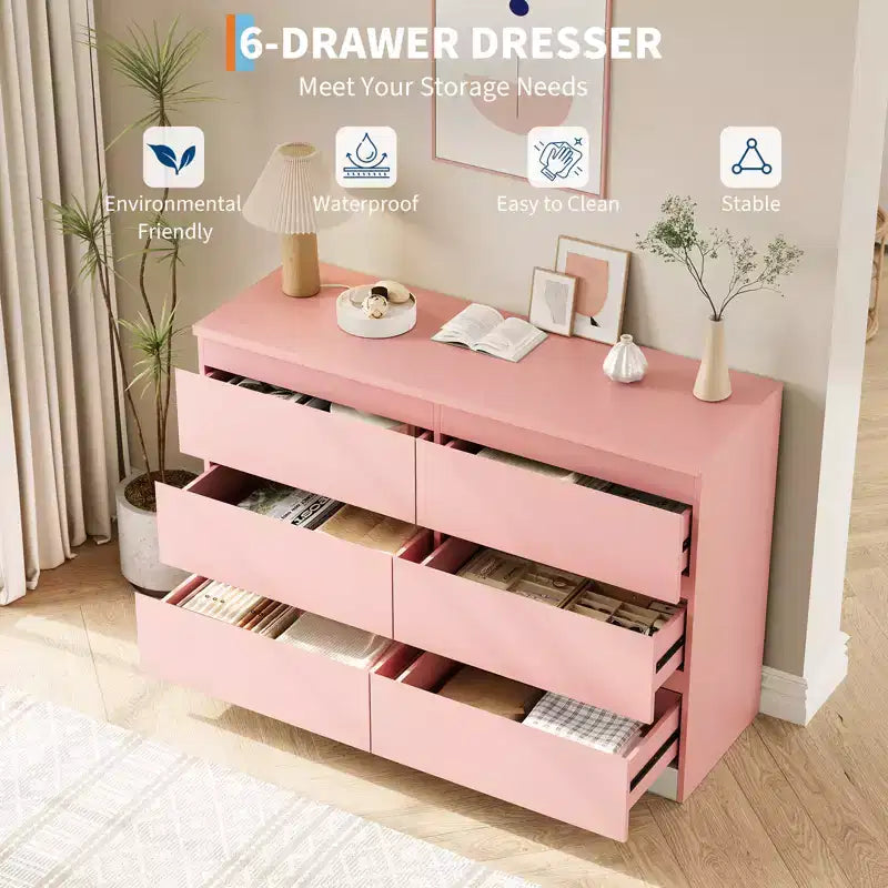Comò moderno rosa a 6 cassetti, cassettiera semplice per riporre i vestiti in camera da letto, cassettiera doppia in legno per camera da letto, soggiorno