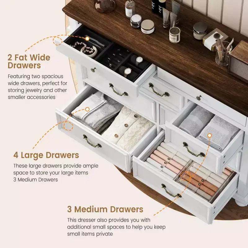 Comò 47" largo a 9 cassetti – Cassettiera stile rustico per camera da letto e soggiorno