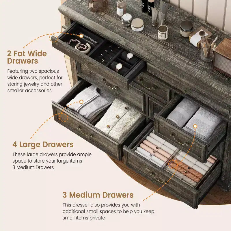 Comò 47" largo a 9 cassetti – Cassettiera stile rustico per camera da letto e soggiorno