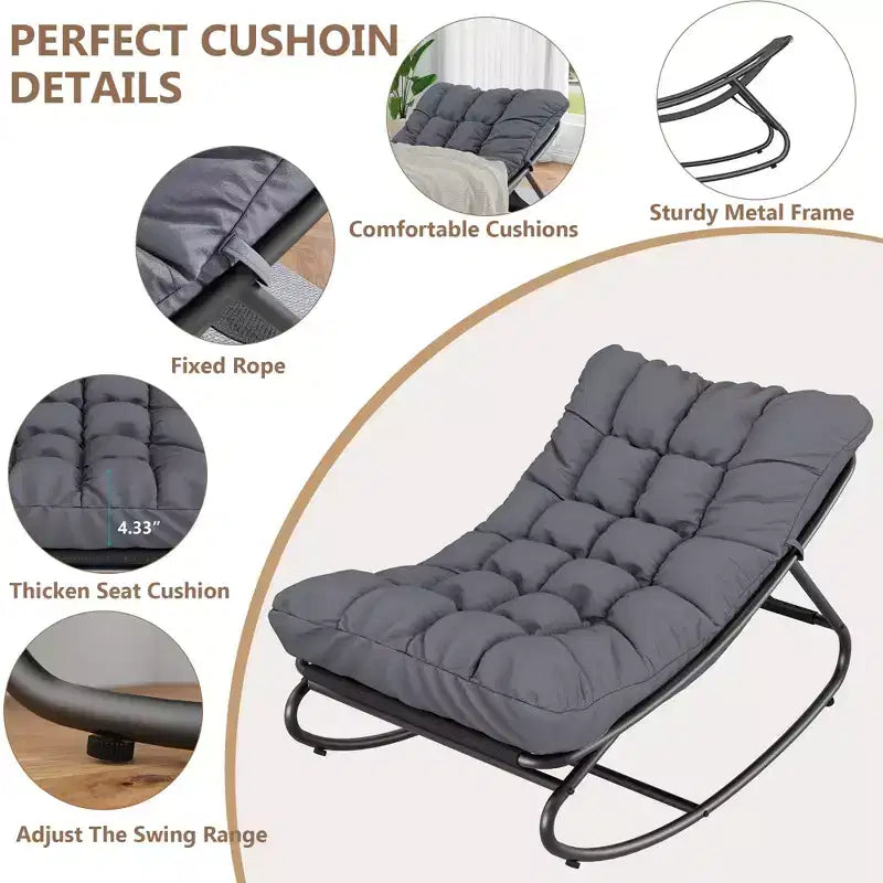 Sedia a dondolo da esterno con cuscini spessi per sonnellino e relax, moderna sedia a dondolo comoda, adatta per soggiorno, patio, cortile, portico