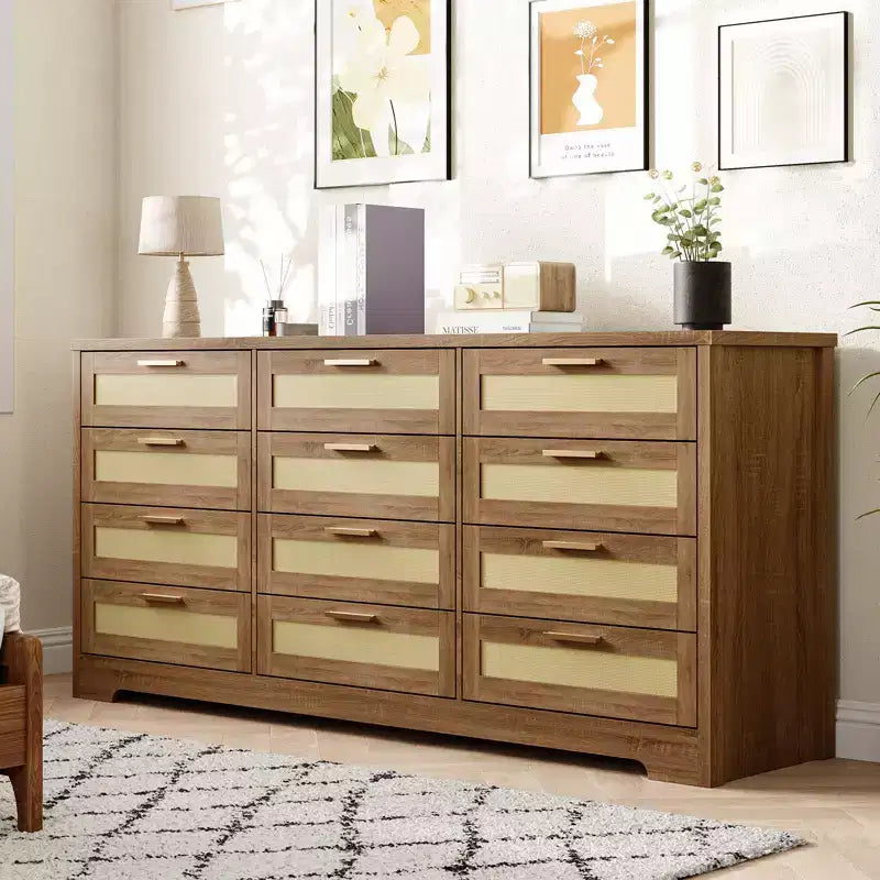 Cassettiera COZONY a 12 cassetti, comò moderno largo 160 cm con maniglie in legno, contenitore per camera da letto e mobile porta TV per soggiorno, corridoio