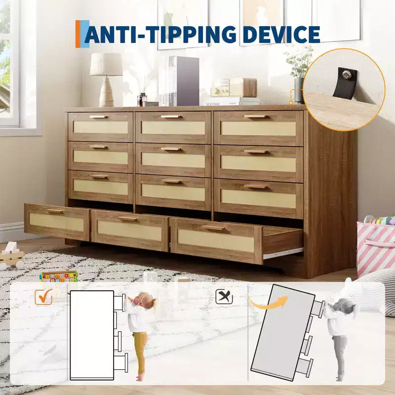 Cassettiera COZONY a 12 cassetti, comò moderno largo 160 cm con maniglie in legno, contenitore per camera da letto e mobile porta TV per soggiorno, corridoio