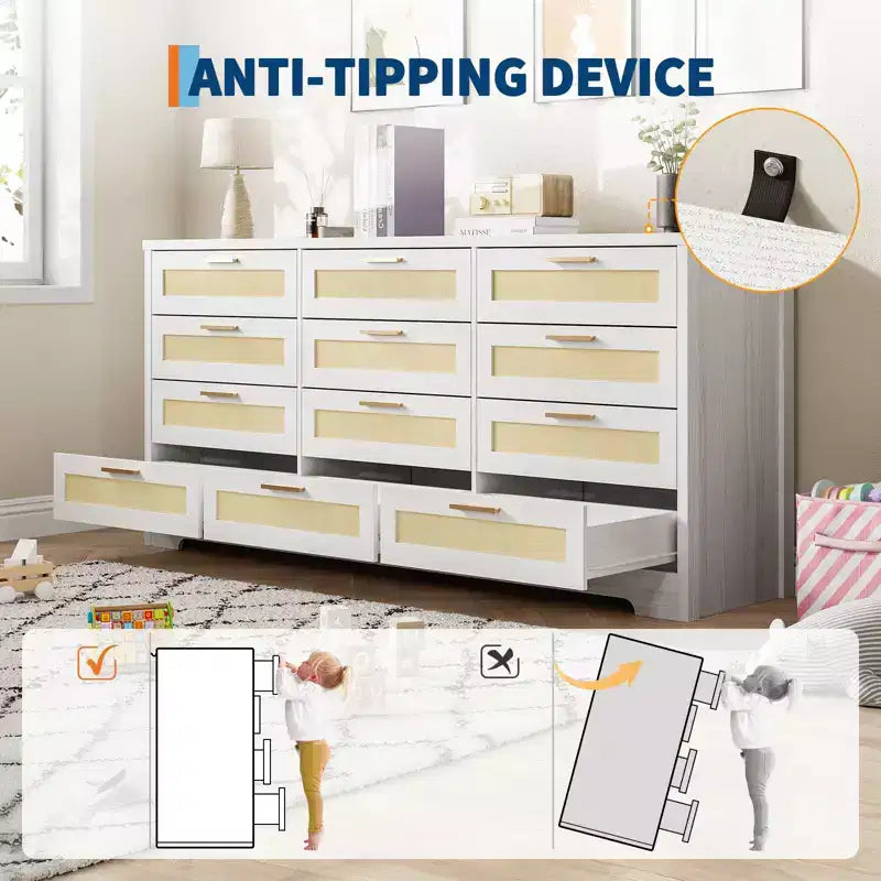 Cassettiera COZONY a 12 cassetti, comò moderno largo 160 cm con maniglie in legno, contenitore per camera da letto e mobile porta TV per soggiorno, corridoio