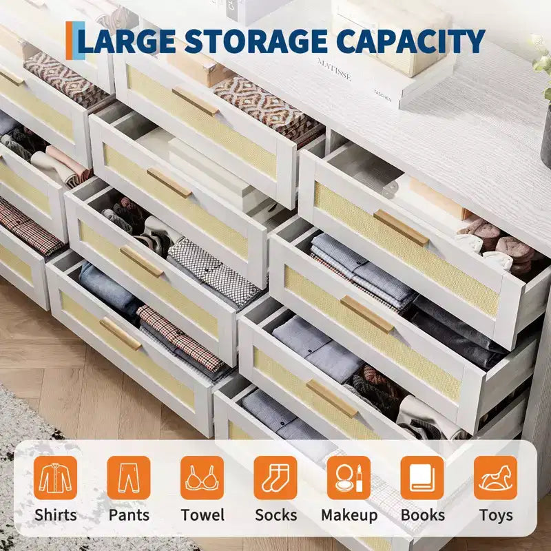 Cassettiera COZONY a 12 cassetti, comò moderno largo 160 cm con maniglie in legno, contenitore per camera da letto e mobile porta TV per soggiorno, corridoio